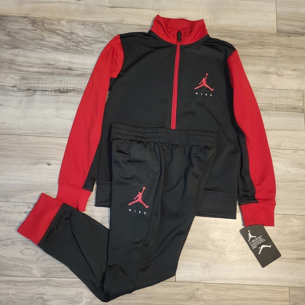 Air Jordan Track Suit Set Kids 6 Black Red Jacket Pants Sweatshirt NEW